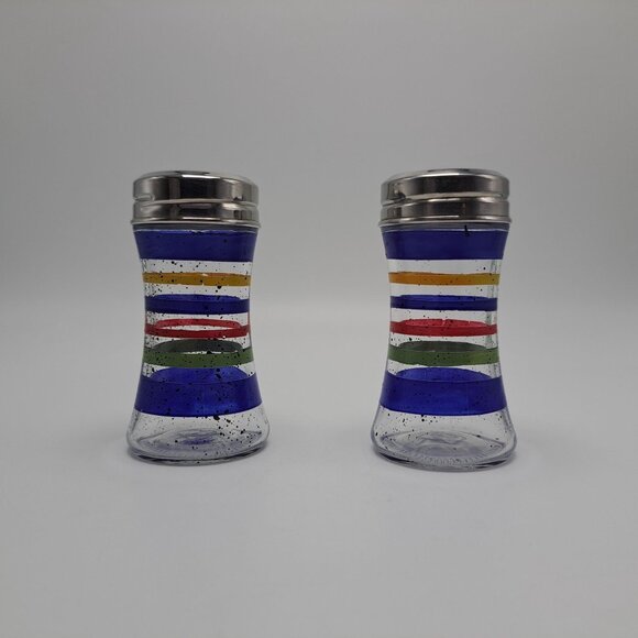 Vintage 1960s Glass Salt & Pepper Shakers With Striped Design - Picture 1 of 8